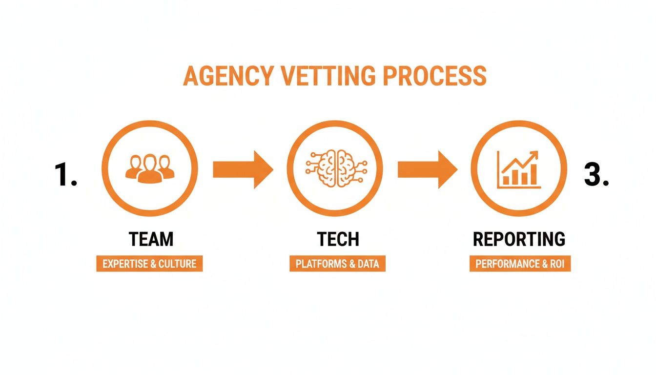 Diagram showing the agency vetting process with three steps: Team, Tech, and Reporting.