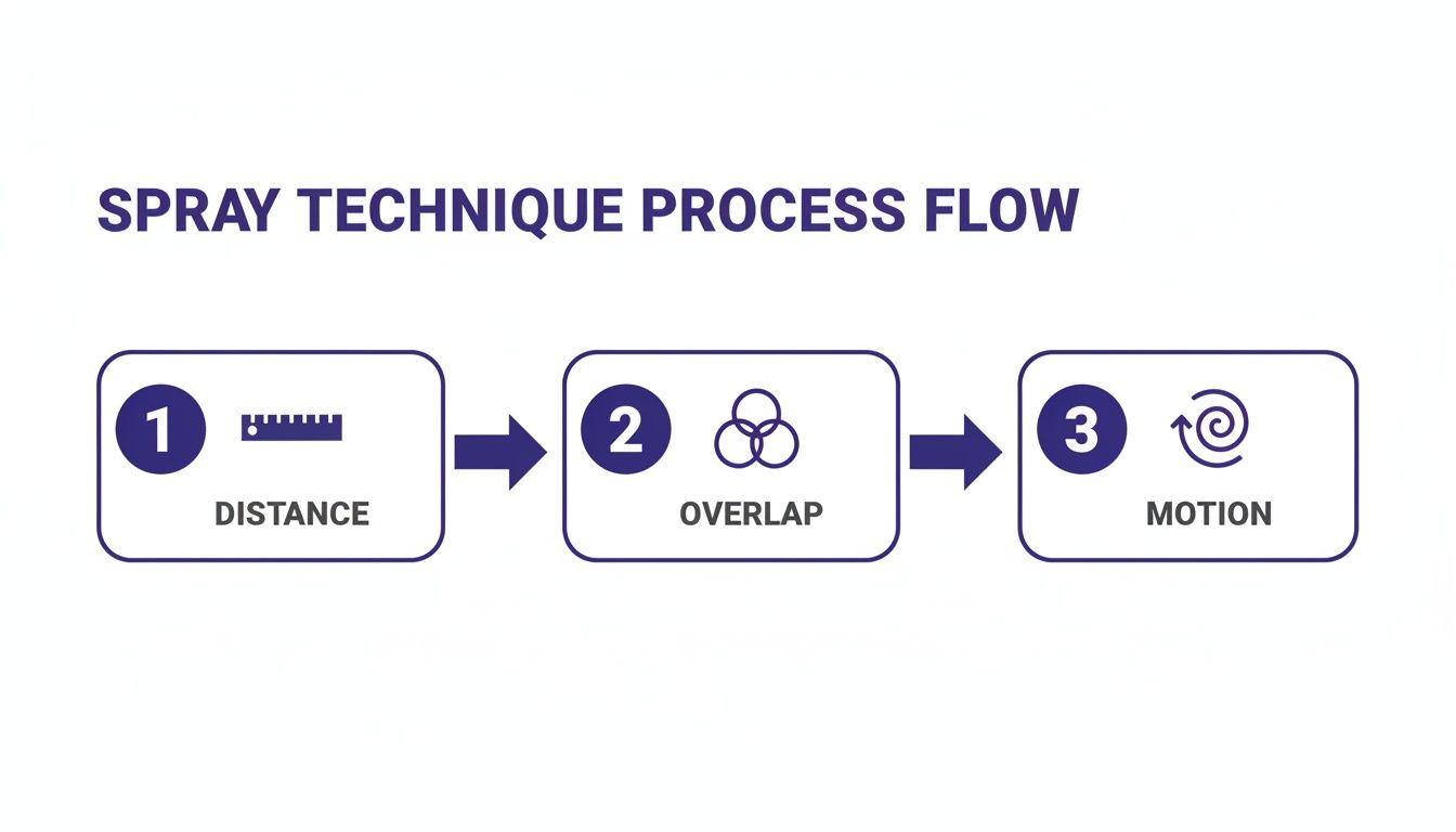 A spray technique process flow diagram illustrating three sequential steps: distance, overlap, and motion.
