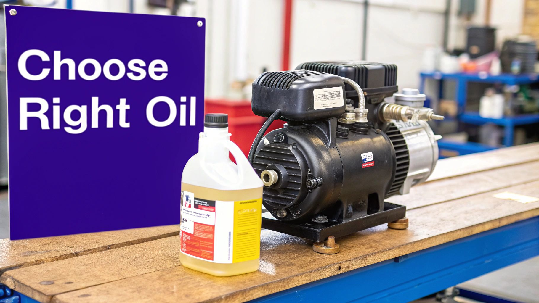 A workshop scene with a blue sign saying 'Choose Right Oil', an oil jug, and a black compressor.