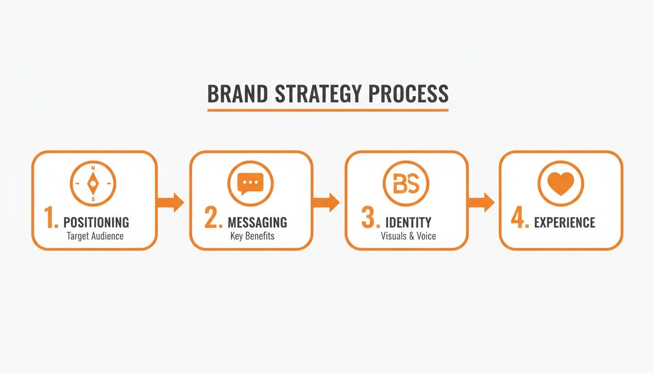 A visual guide illustrating the 4-step Brand Strategy Process: Positioning, Messaging, Identity, and Experience.