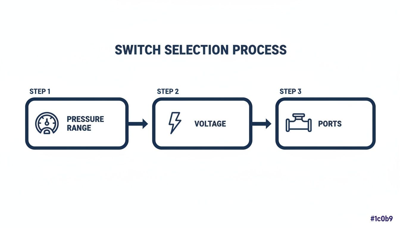 A three-step flowchart outlining the switch selection process, considering pressure range, voltage, and ports.