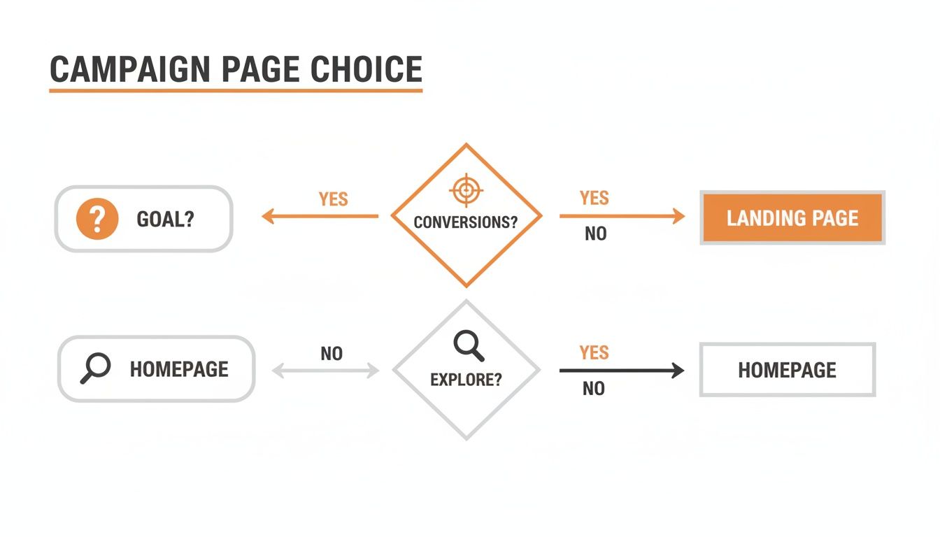 Flowchart illustrating campaign page choice decisions: Goal, Conversions, and Explore lead to either a Landing Page or Homepage.
