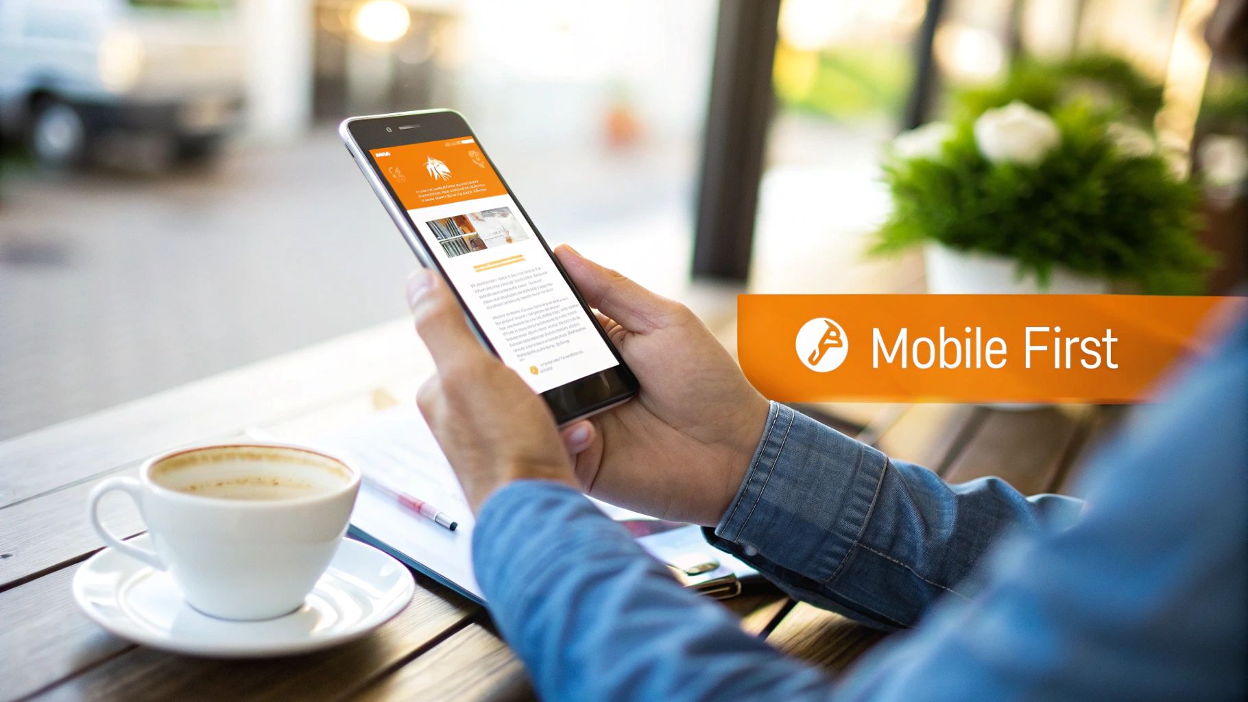 Hands holding a smartphone showcasing a mobile-first website, with coffee cup and notebook on a table.