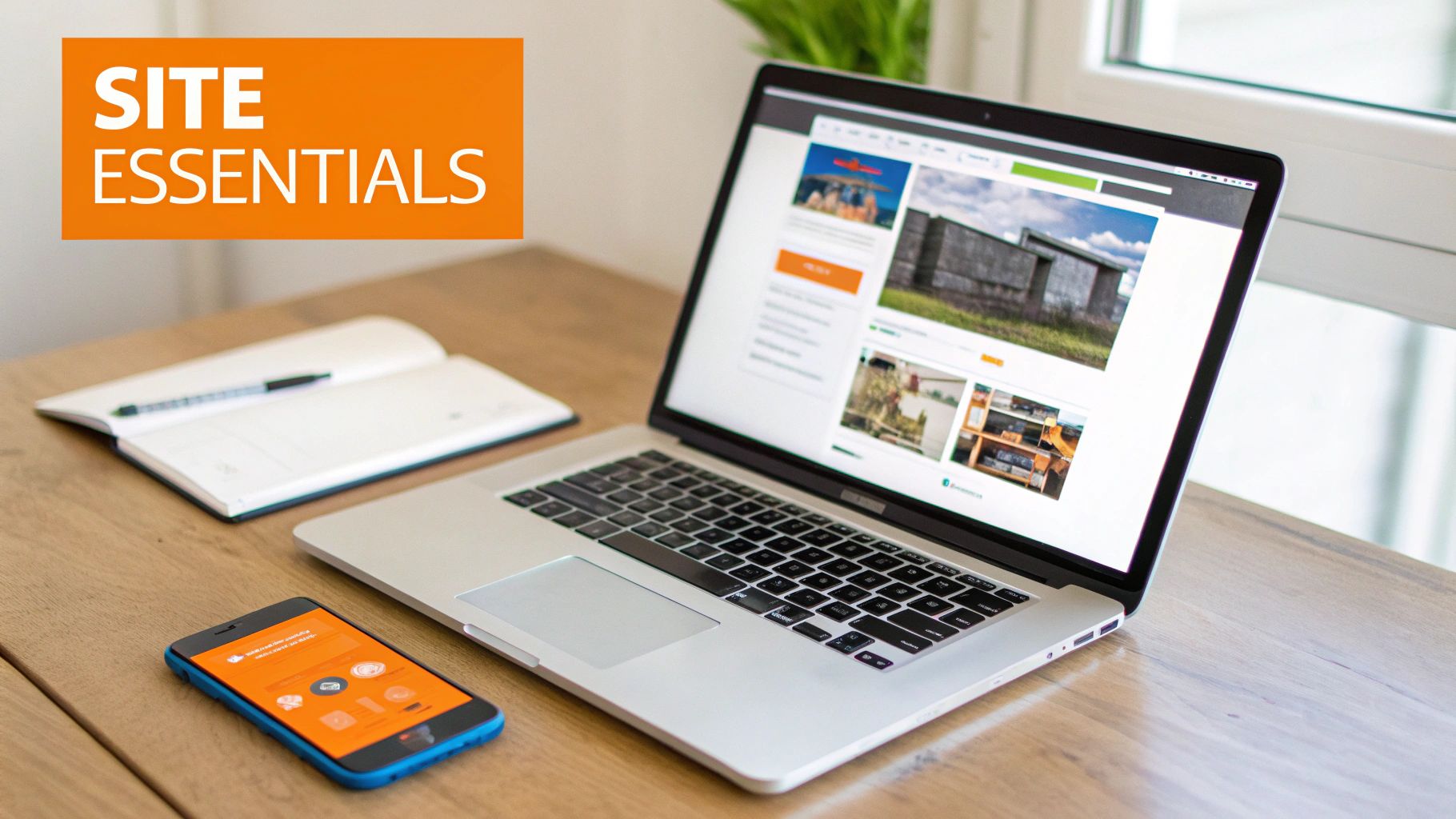 A clean wooden desk with a laptop, smartphone, and notebook, highlighting digital site essentials.