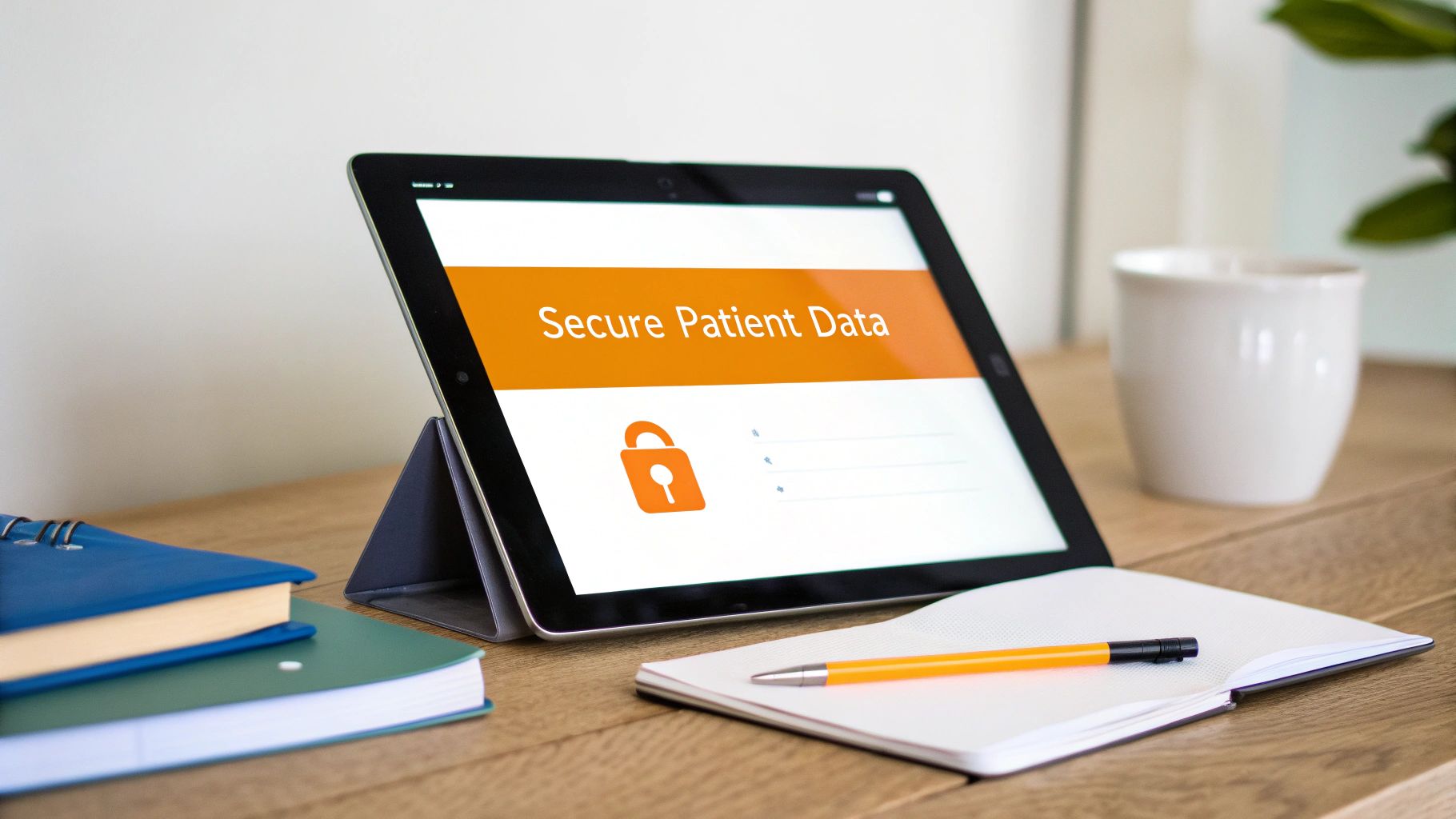 A tablet displaying 'Secure Patient Data' with a lock icon on a wooden desk with notebooks.