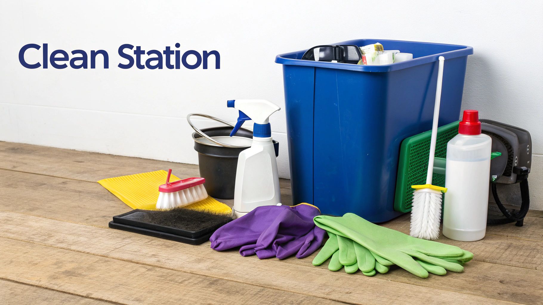 Essential cleaning supplies like brushes, buckets, gloves, and spray bottles neatly arranged on a wooden floor.