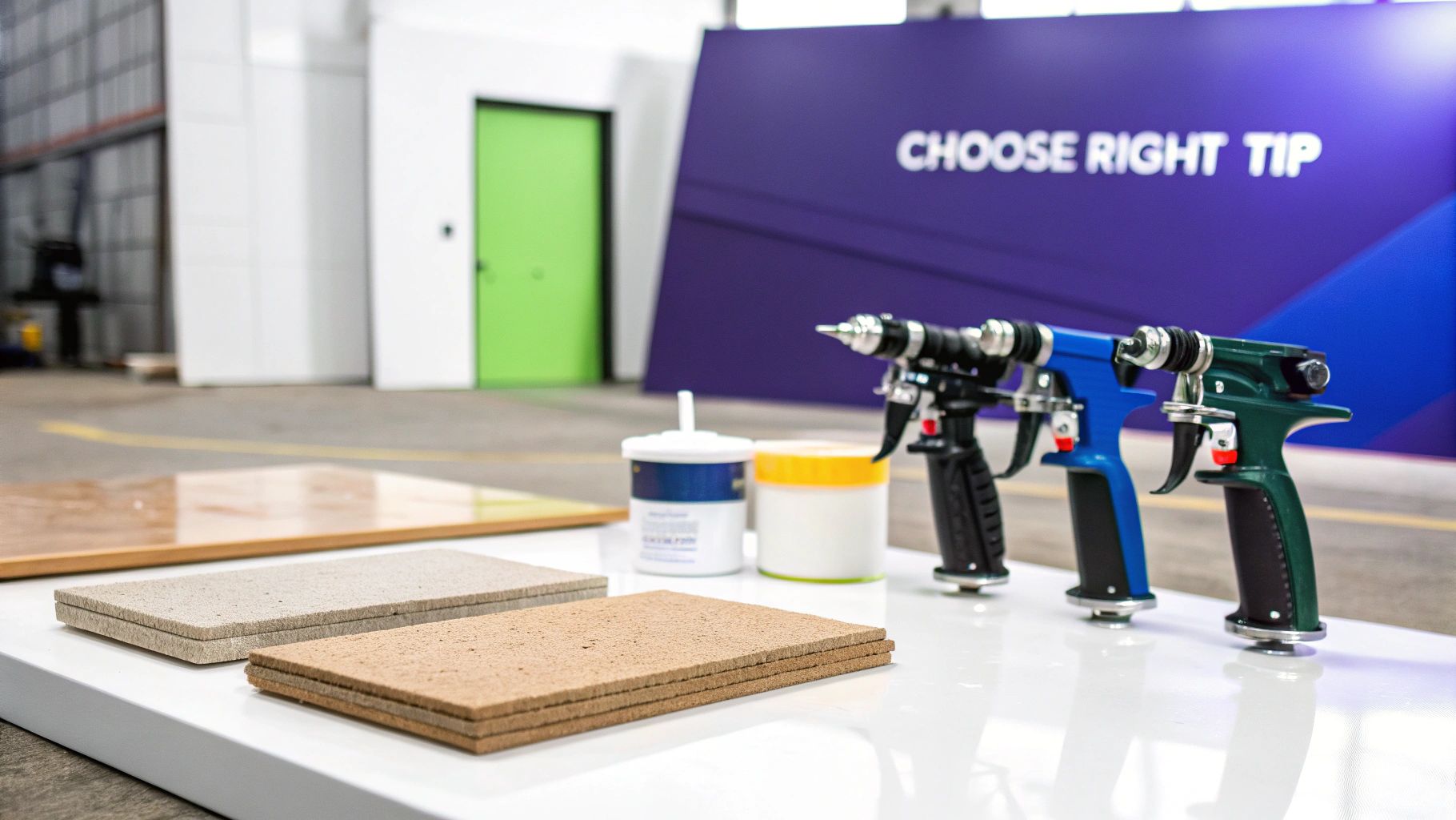Three colorful paint spray guns, material samples, and paint containers displayed on a table with a 'CHOOSE RIGHT TIP' sign.