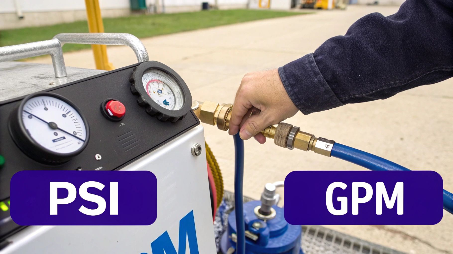 A person's hand connects a blue hose to a device with PSI and GPM gauges.