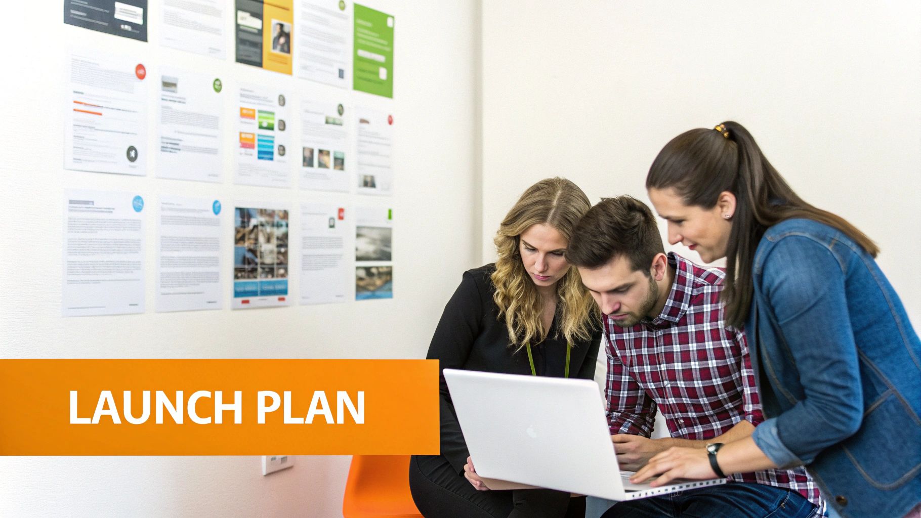 Three colleagues collaborate on a launch plan, looking at a laptop in a modern office.