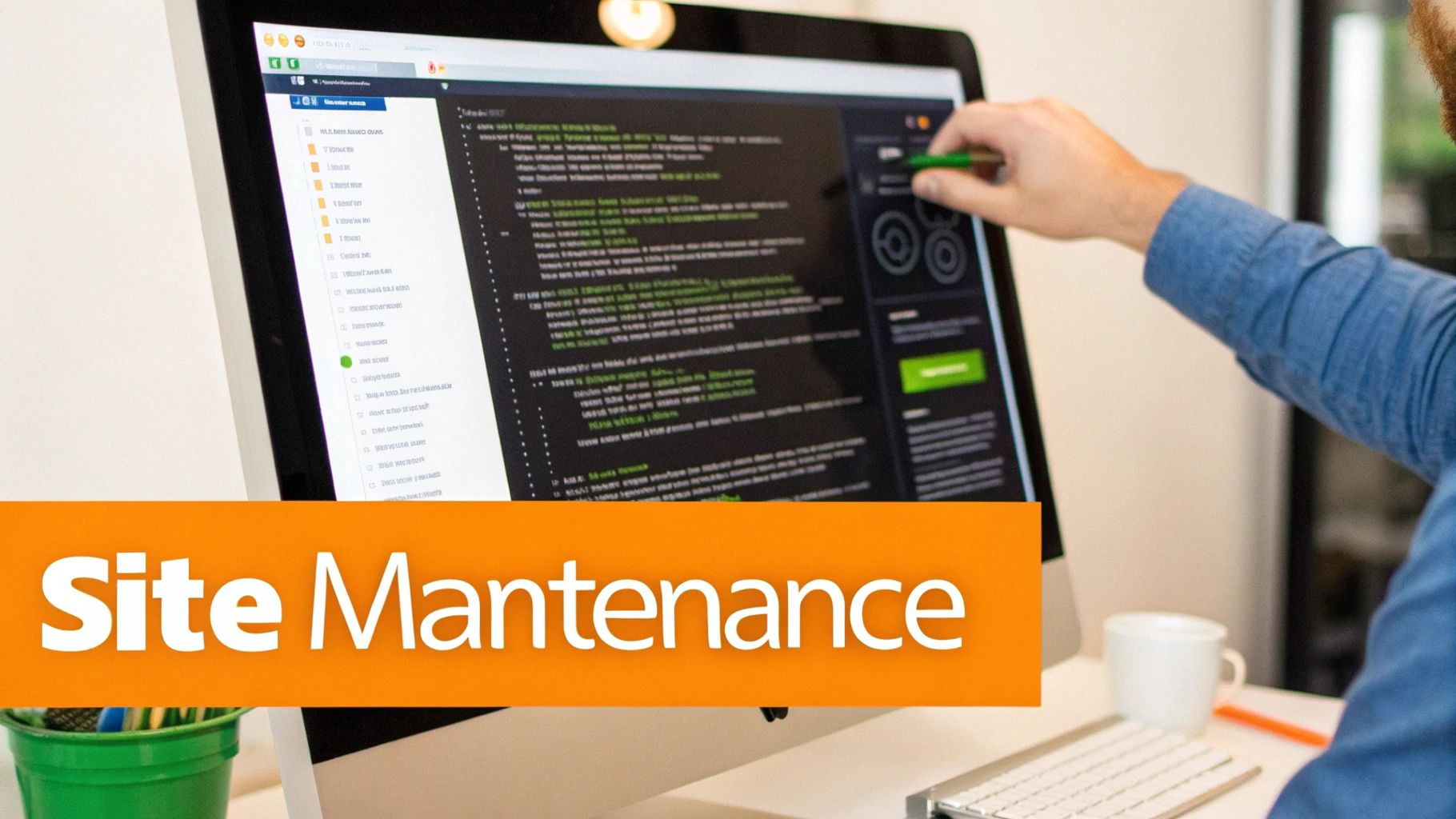 A person's hand points at a computer screen displaying code, focused on site maintenance tasks.