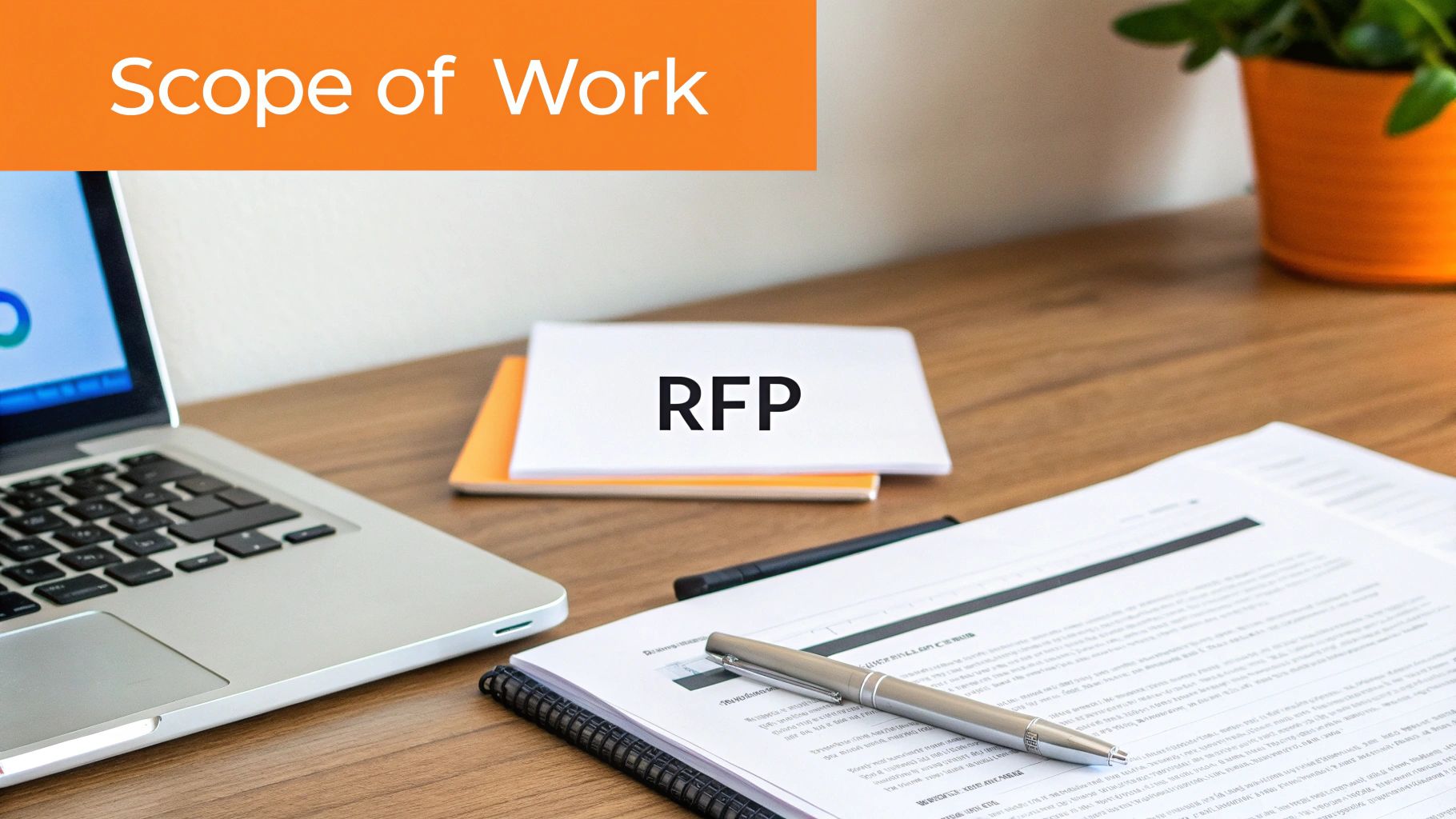 A desk with a laptop, an 'RFP' document, and a pen, under a 'Scope of Work' banner, depicting project planning.