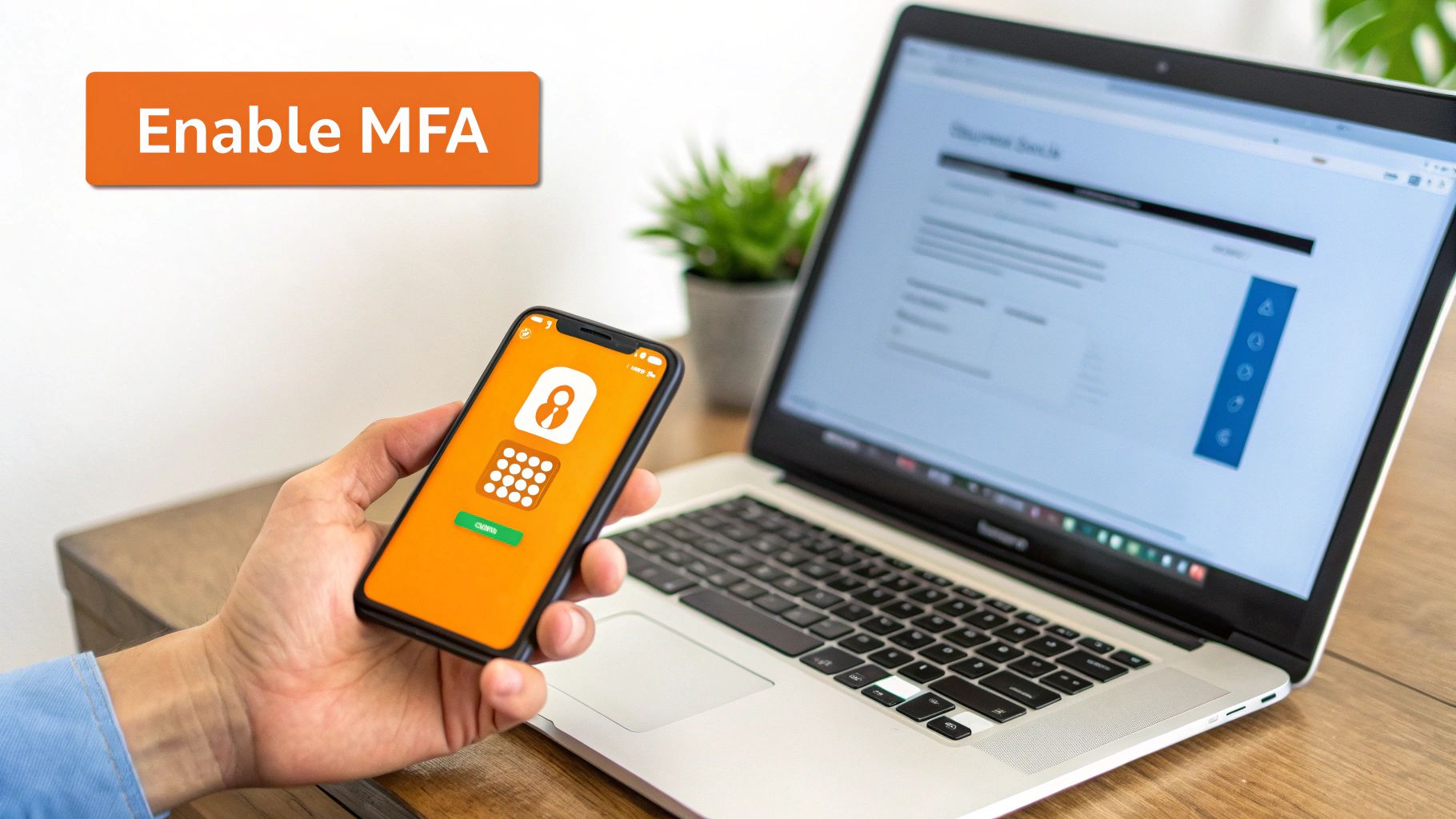 A hand holds a smartphone displaying a multi-factor authentication app, with a laptop in the background.