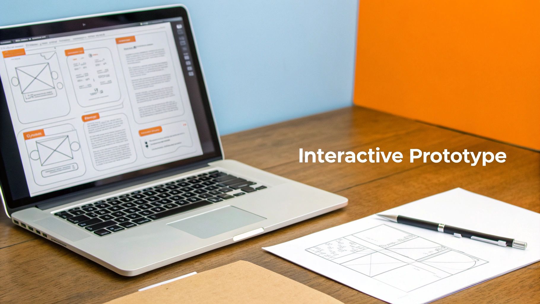 A laptop displaying an interactive prototype or wireframe, next to a hand-drawn design on paper with a pen.