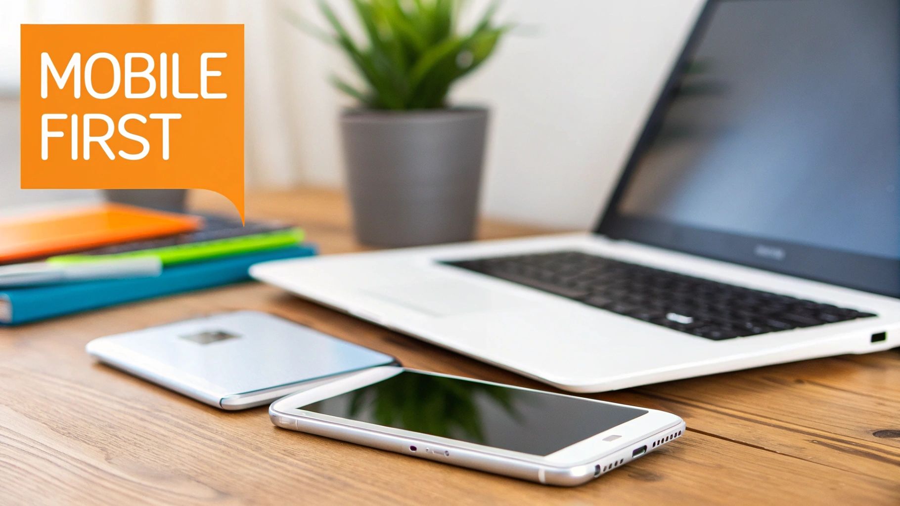 A desk setup with a laptop, multiple smartphones, notebooks, and a speech bubble saying 'MOBILE FIRST'.