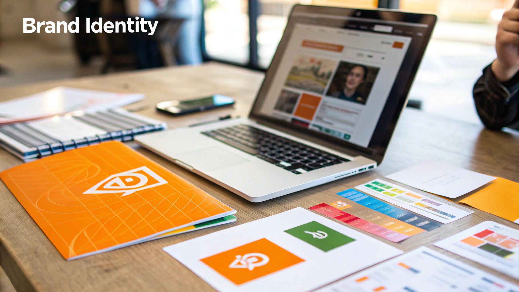 Desk with laptop displaying a website, brand identity design materials, and color swatches.