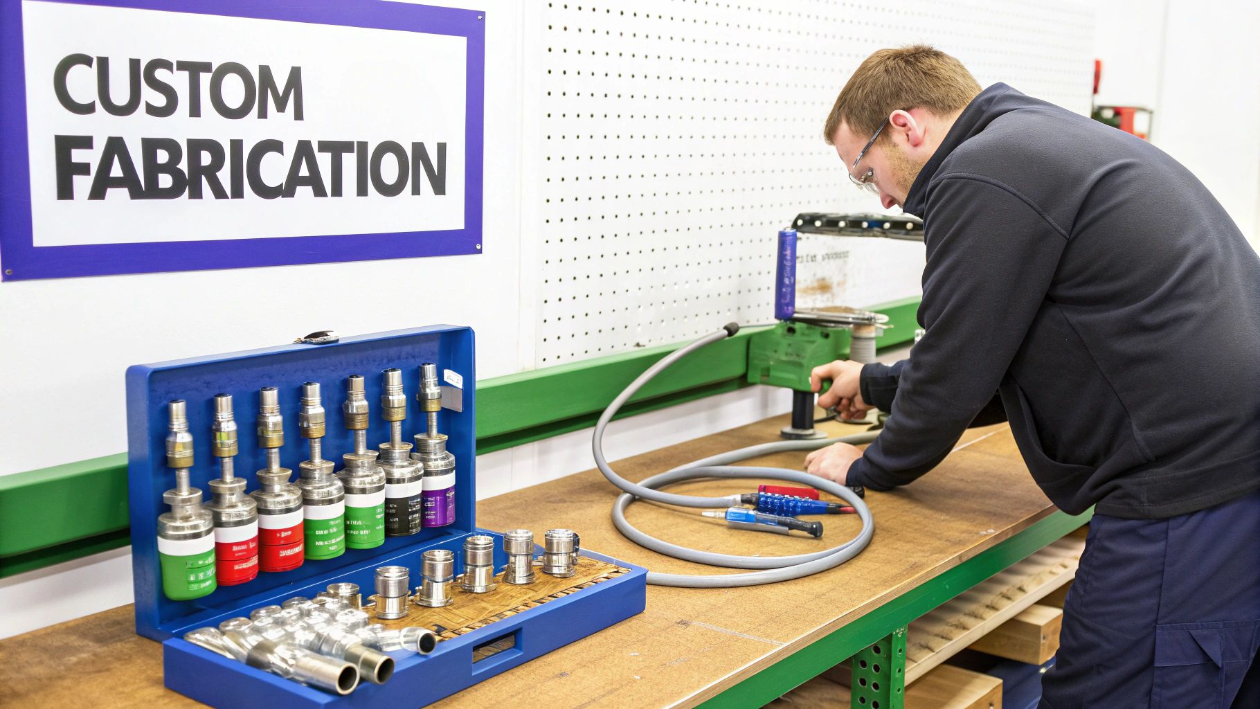 A man in safety glasses performs custom fabrication on a workbench with a toolkit and hoses.