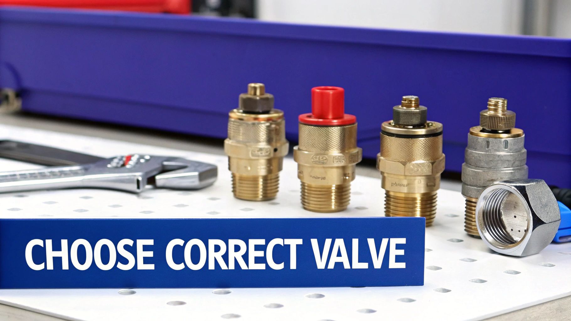 Various brass and metal plumbing valves and tools on a workbench, with a sign prompting selection.