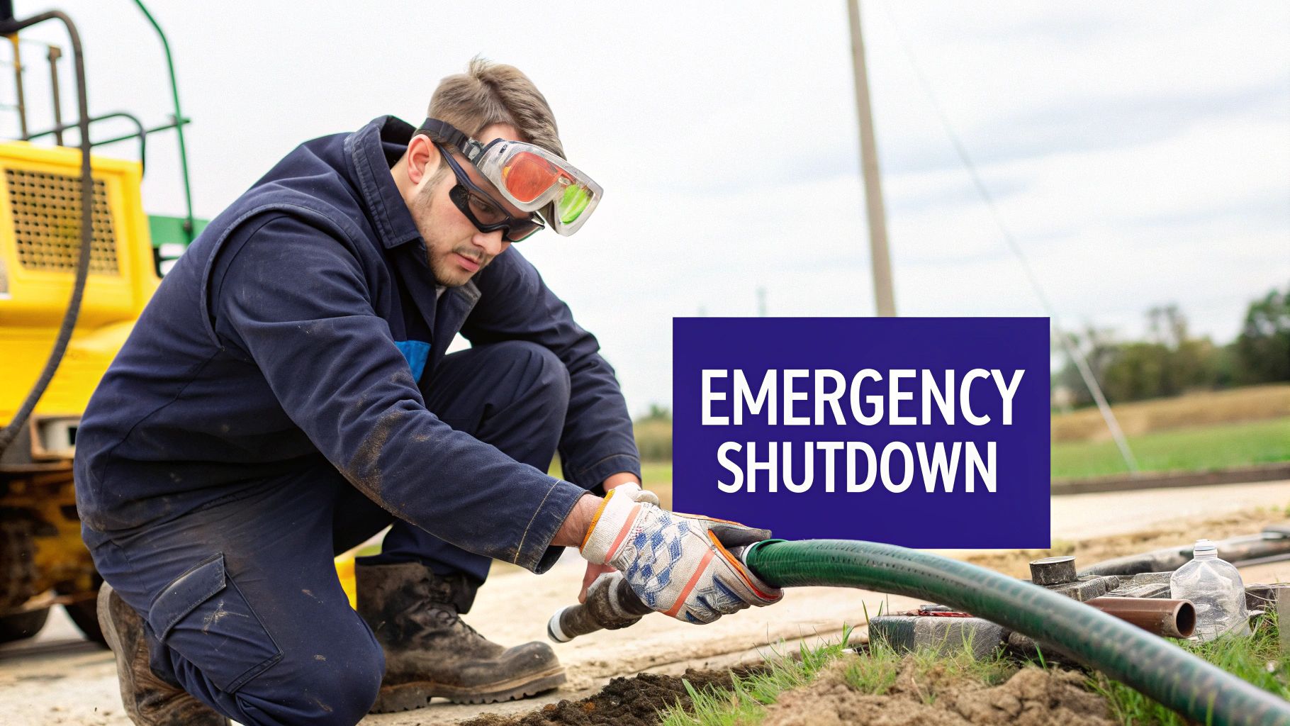 A worker in protective gear is connecting a hydraulic hose during an emergency shutdown, with heavy equipment nearby.