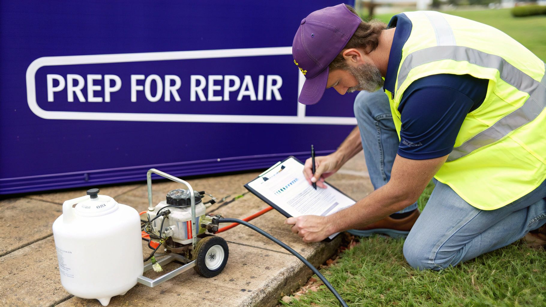 A man in a safety vest kneels, writing on a clipboard next to an airless sprayer unit.