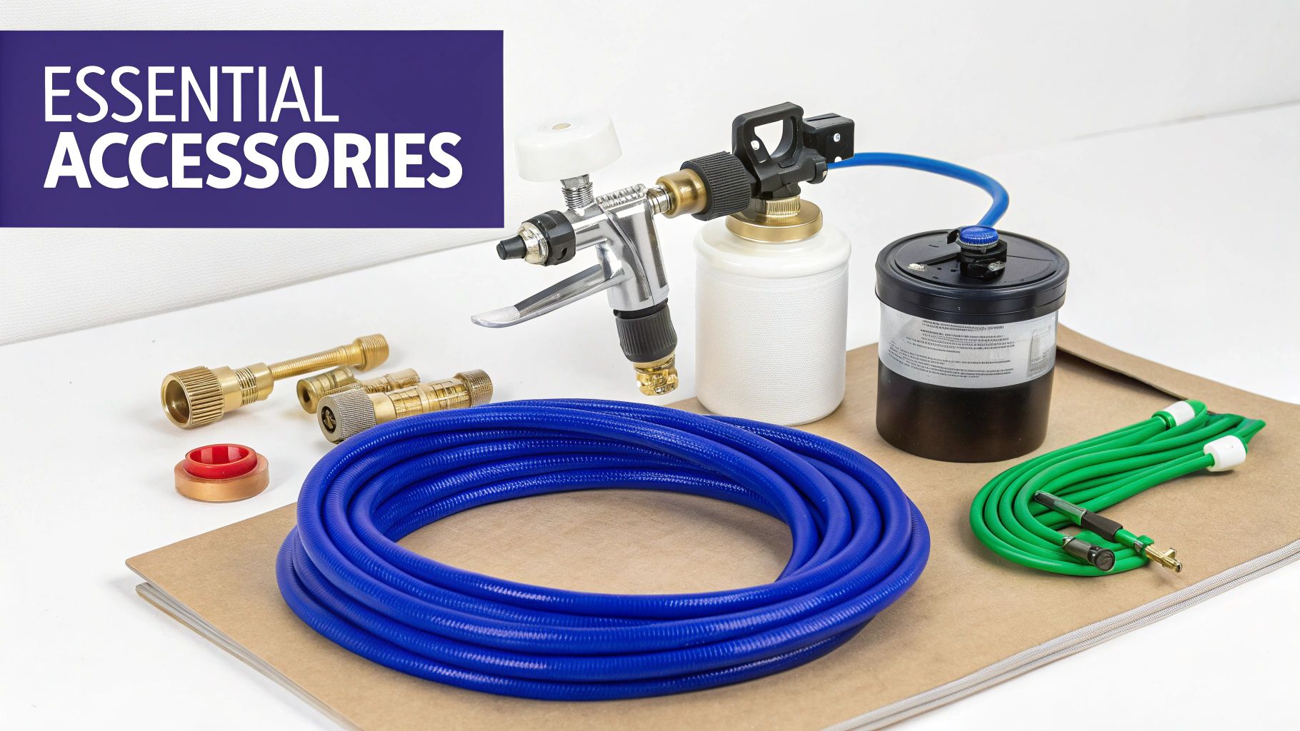 Essential painting accessories display, including a spray gun, air filter, coiled hoses, and various brass fittings.