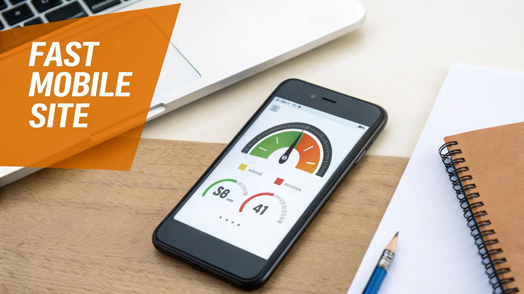 A smartphone screen shows a fast mobile site performance test with a green meter and scores.