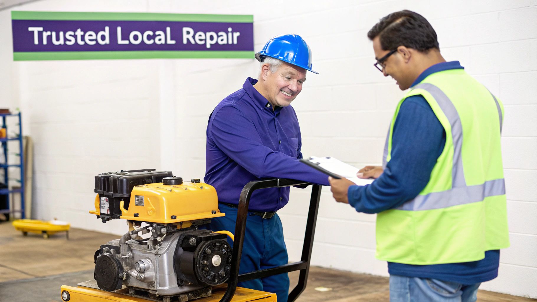 Two smiling men, one in a hard hat, discuss a small engine repair in a local shop.