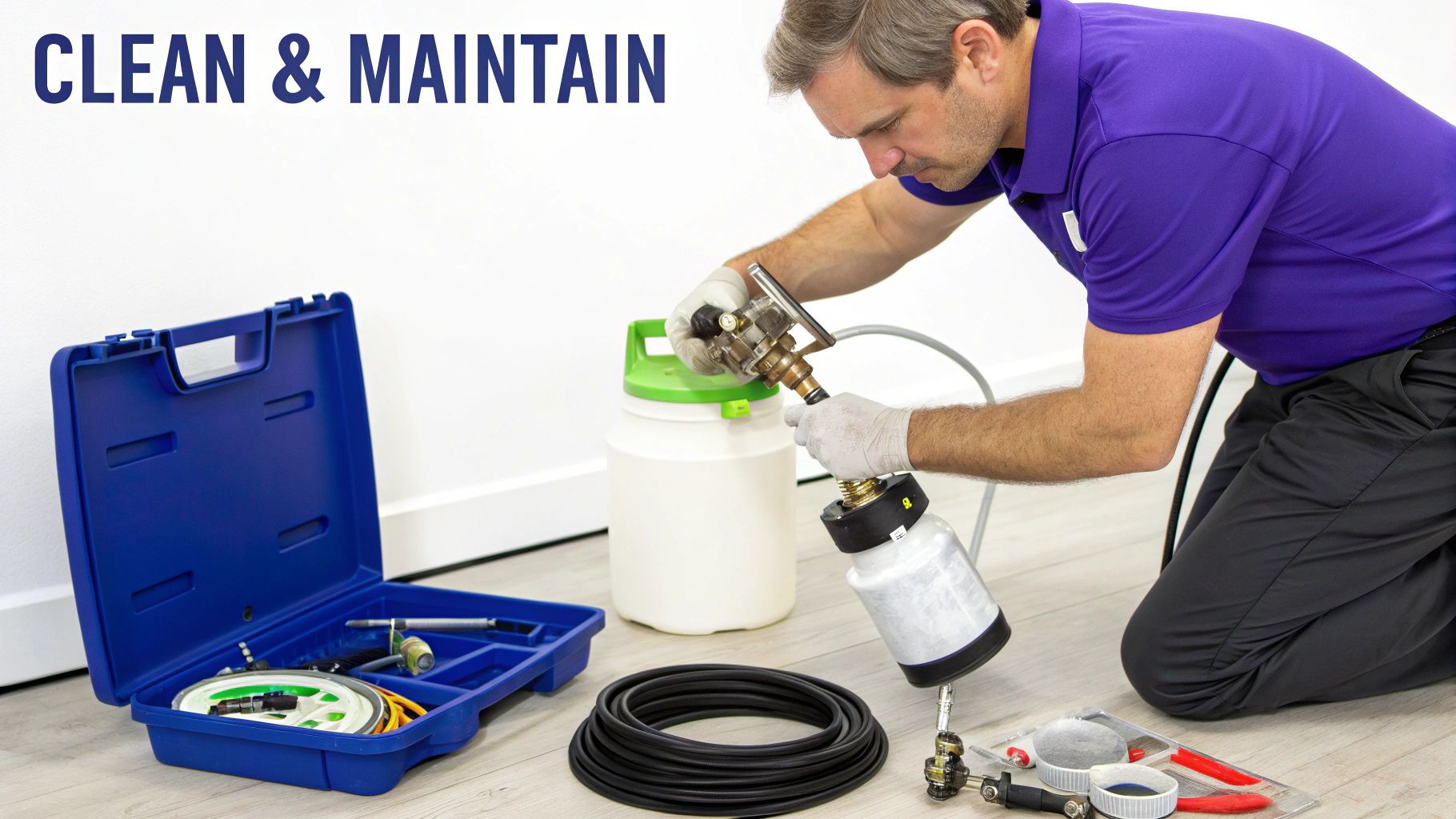 Technician wearing gloves, assembling airless sprayer for cleaning, with tools and a hose nearby.