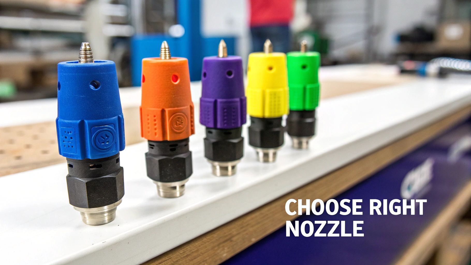 Five colorful power washer replacement nozzles (blue, orange, purple, yellow, green) arranged in a row.