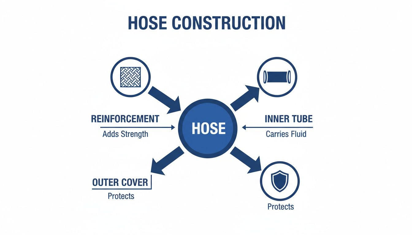 Diagram illustrates hose construction, detailing inner tube, reinforcement, and outer protective layers with their functions.