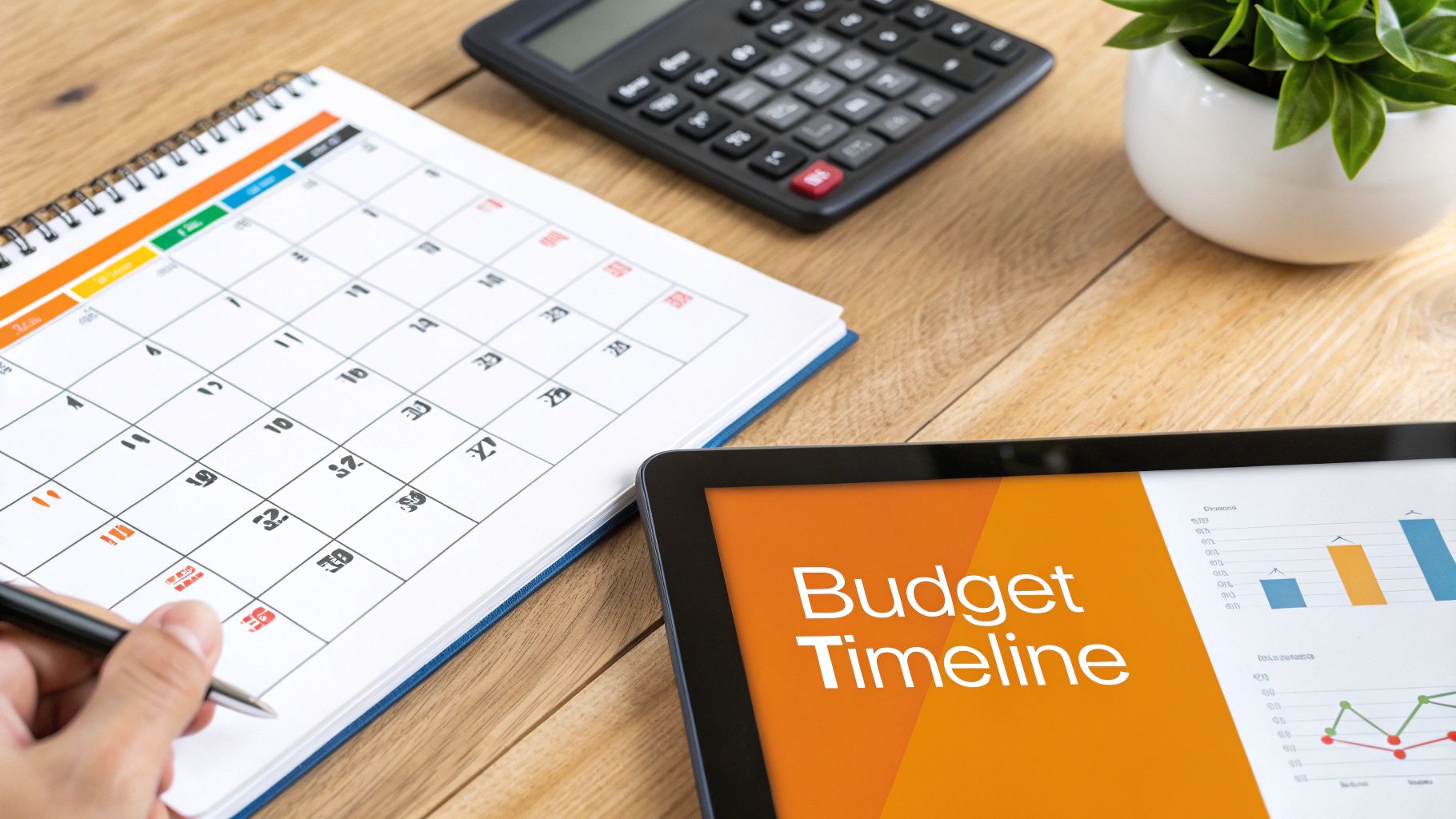 A hand with a pen points to a calendar next to a tablet showing a 'Budget Timeline' on a wooden desk.