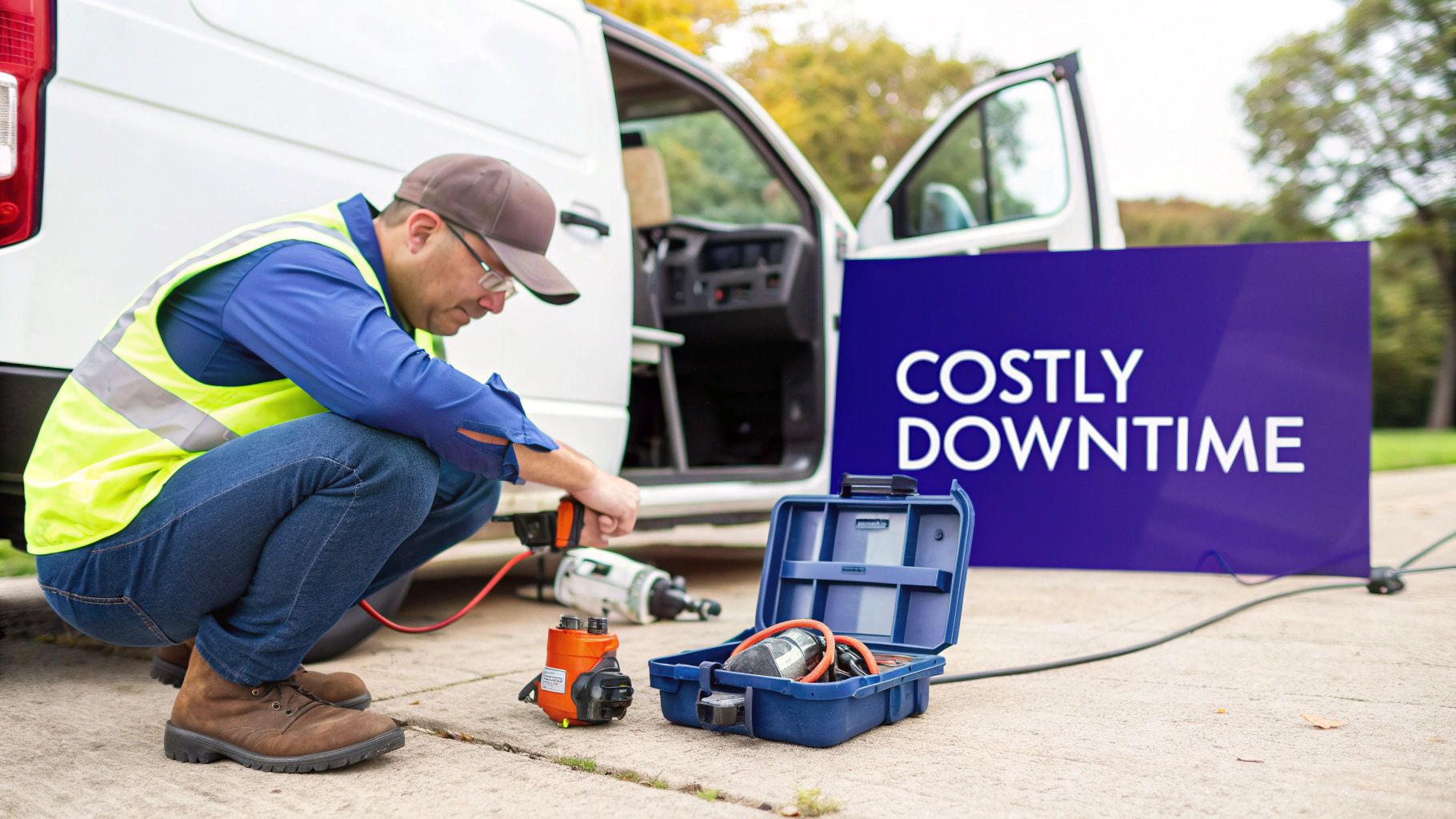 A service technician in a safety vest works on a white van with tools, near a sign reading 'COSTLY DOWNTIME'.