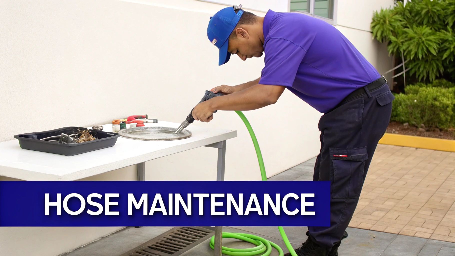 A person in a purple shirt and blue hat performs hose maintenance, cleaning equipment on a white table.