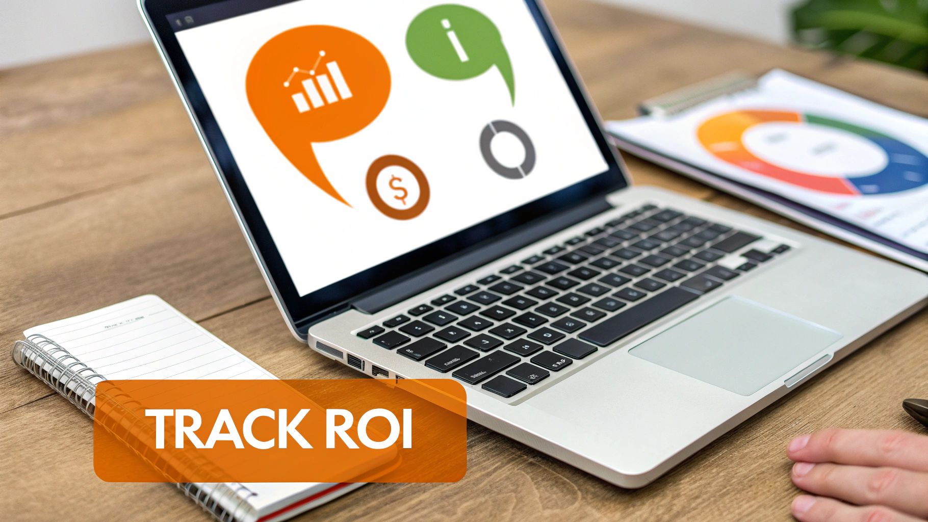 Laptop displaying business metrics and finance icons, with 'TRACK ROI' text overlay, on a wooden desk.