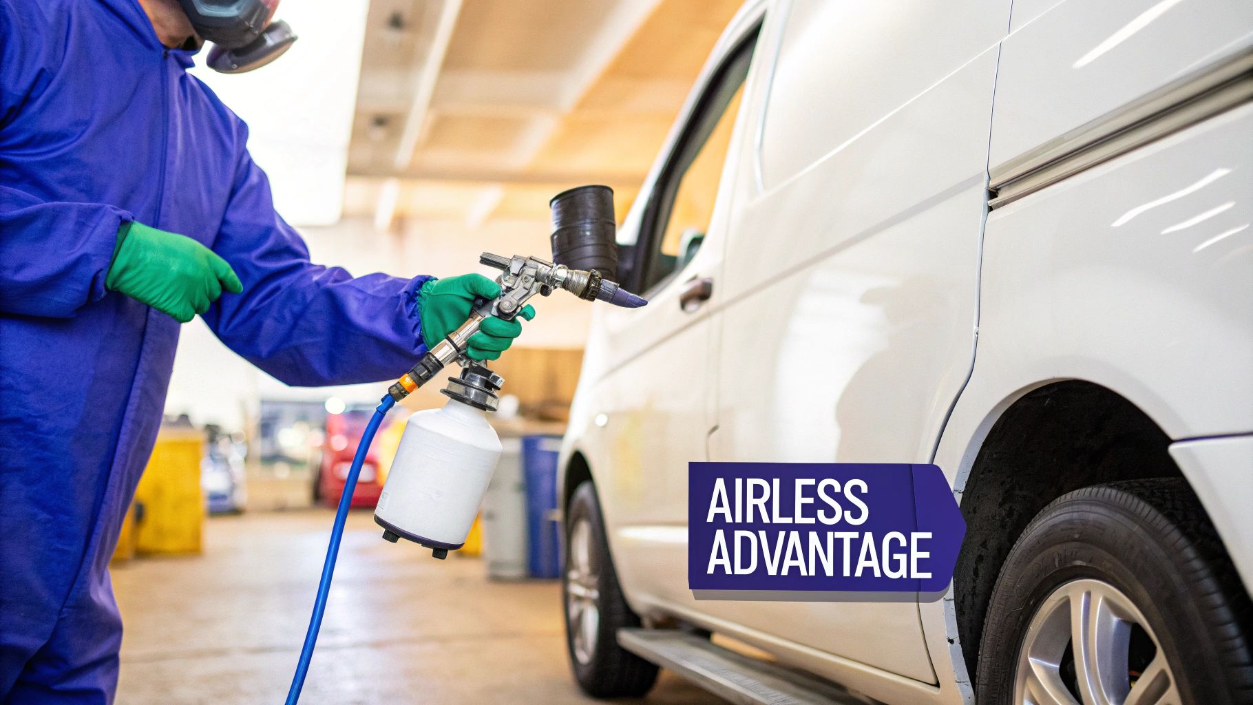 A person in blue protective gear and respirator mask uses an airless sprayer to paint a white van.