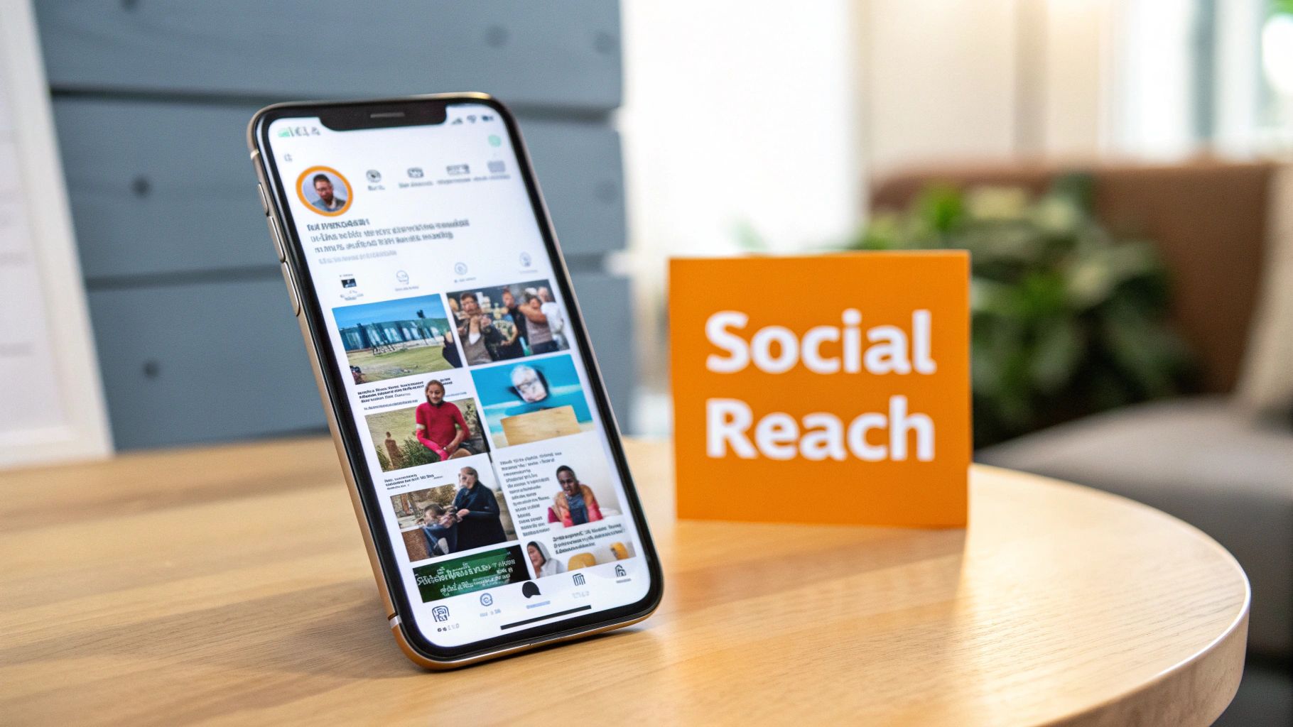 Smartphone displaying a social media feed next to an orange "Social Reach" sign on a wooden table.