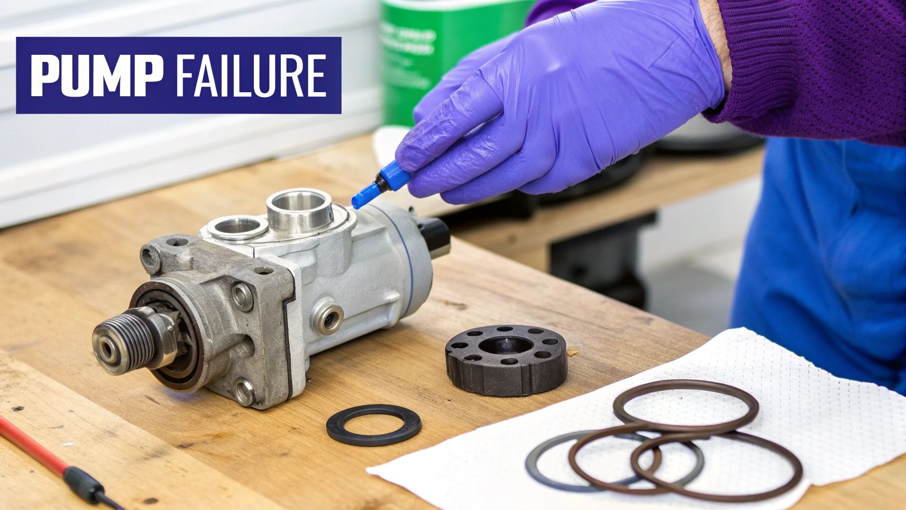 Gloved hands repair a pump, applying sealant to a component on a wooden workbench.