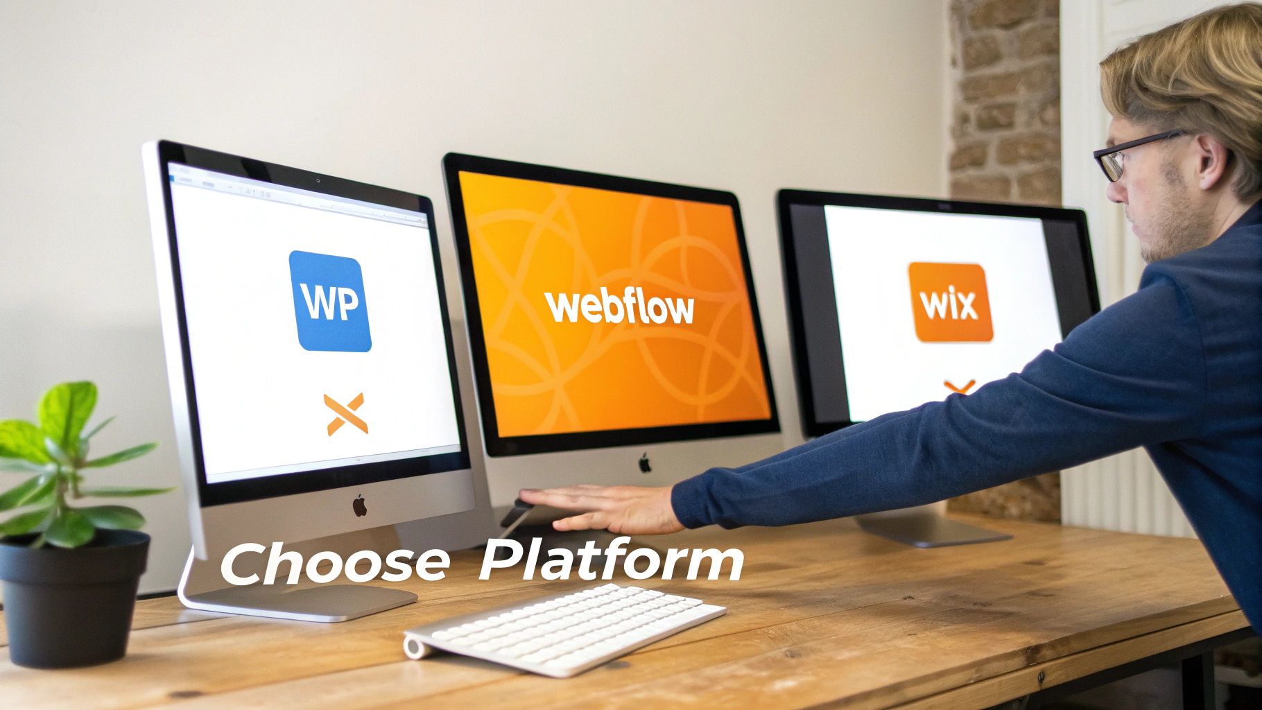 A person selecting between WordPress, Webflow, and Wix website platforms on three desktop computers.