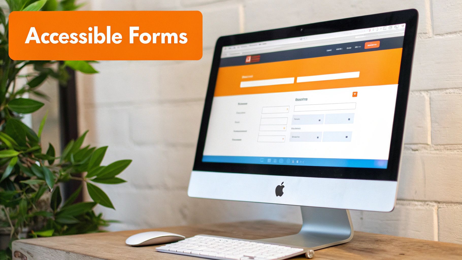 An Apple iMac displays accessible web forms on a wooden desk, with an orange banner saying 'Accessible Forms'.