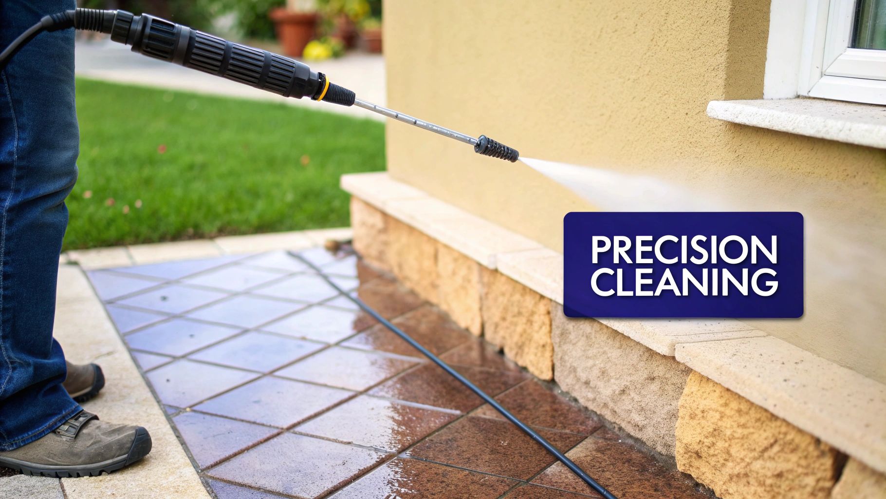 A person uses a pressure washer lance to clean the exterior wall and patio tiles of a house.