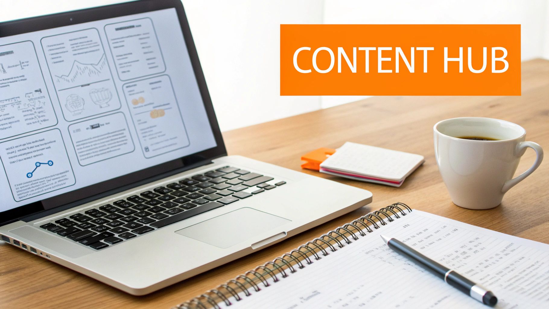 A laptop displaying charts and data, with a coffee cup, notebook, and pen on a desk. An orange banner reads 'CONTENT HUB'.