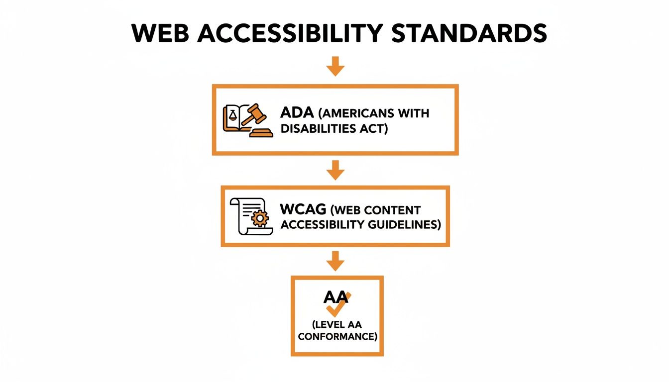 Flowchart detailing web accessibility standards: Americans with Disabilities Act (ADA) to WCAG guidelines and AA conformance.