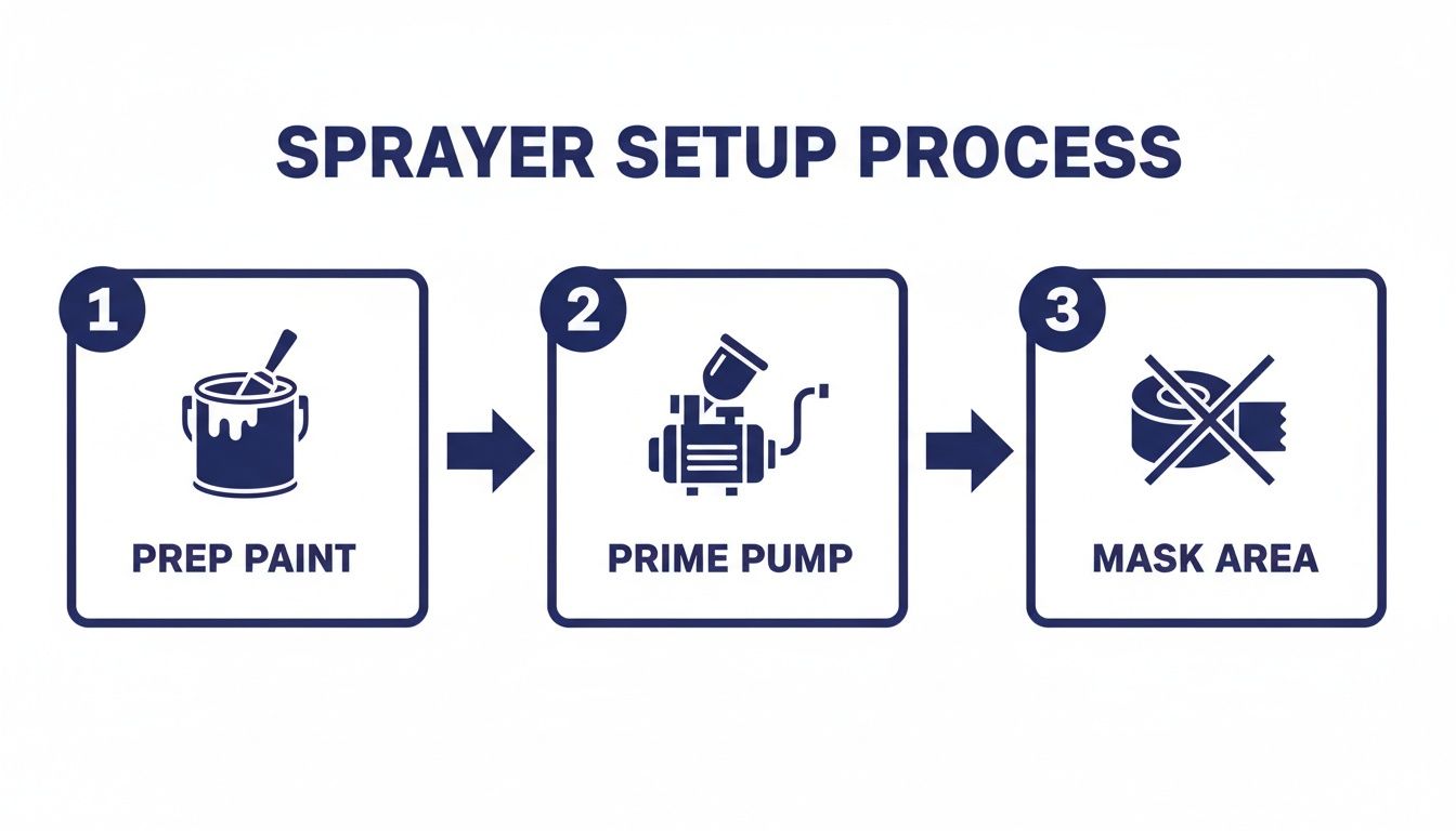 A three-step infographic for sprayer setup: 1. Prep paint, 2. Prime pump, 3. Mask area.