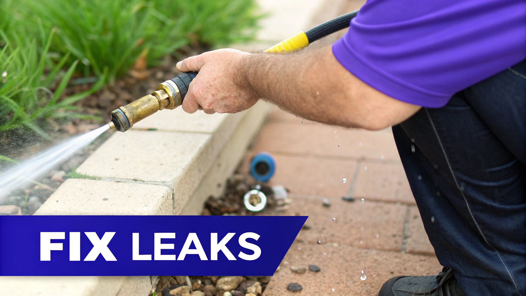 A man demonstrates a powerful water stream from a hose with a brass nozzle, highlighting the importance of fixing leaks.
