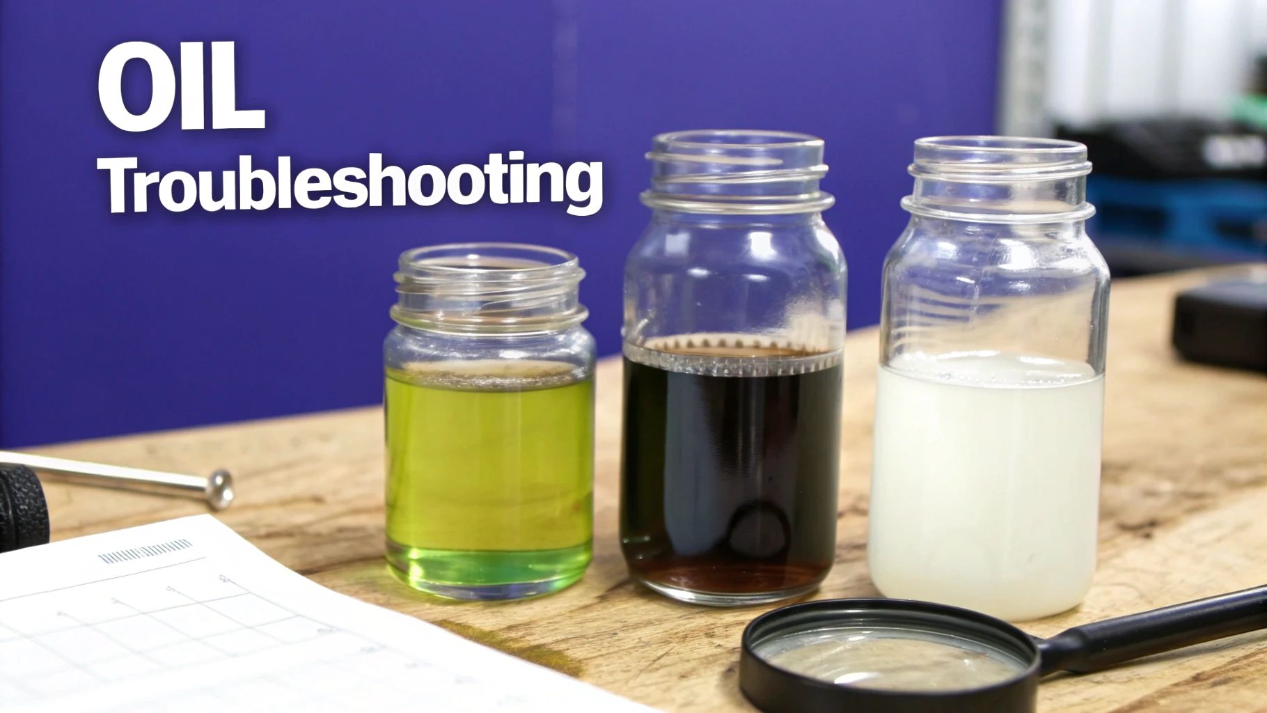 Three jars displaying different oil conditions (green, dark, milky) for troubleshooting purposes.