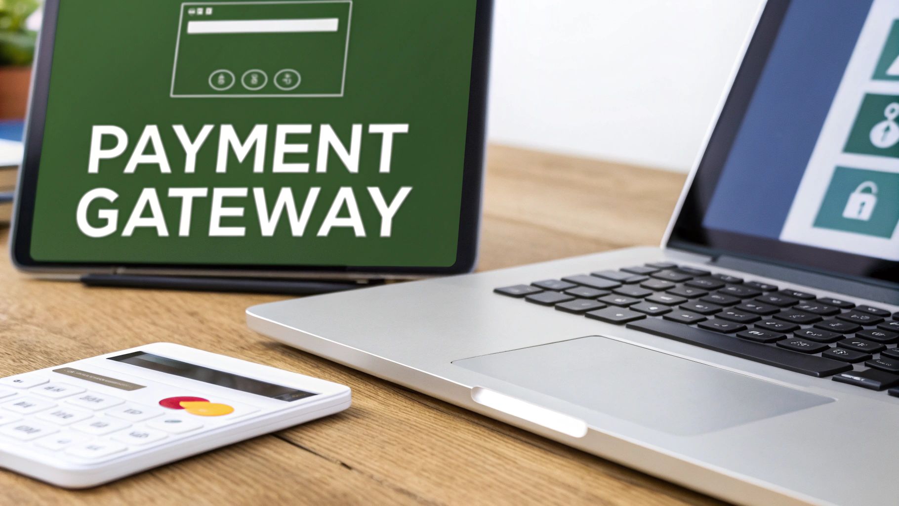 Tablet displaying 'Payment Gateway' next to a laptop and calculator for online transactions.