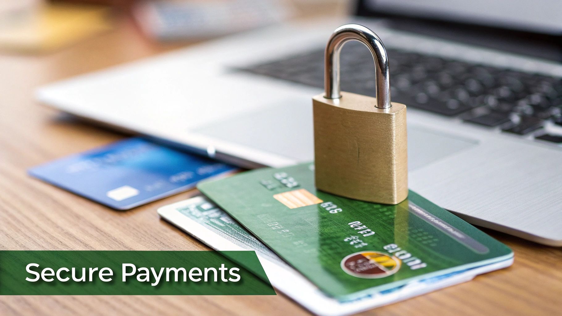A golden padlock on credit cards and a laptop, symbolizing secure online payments.