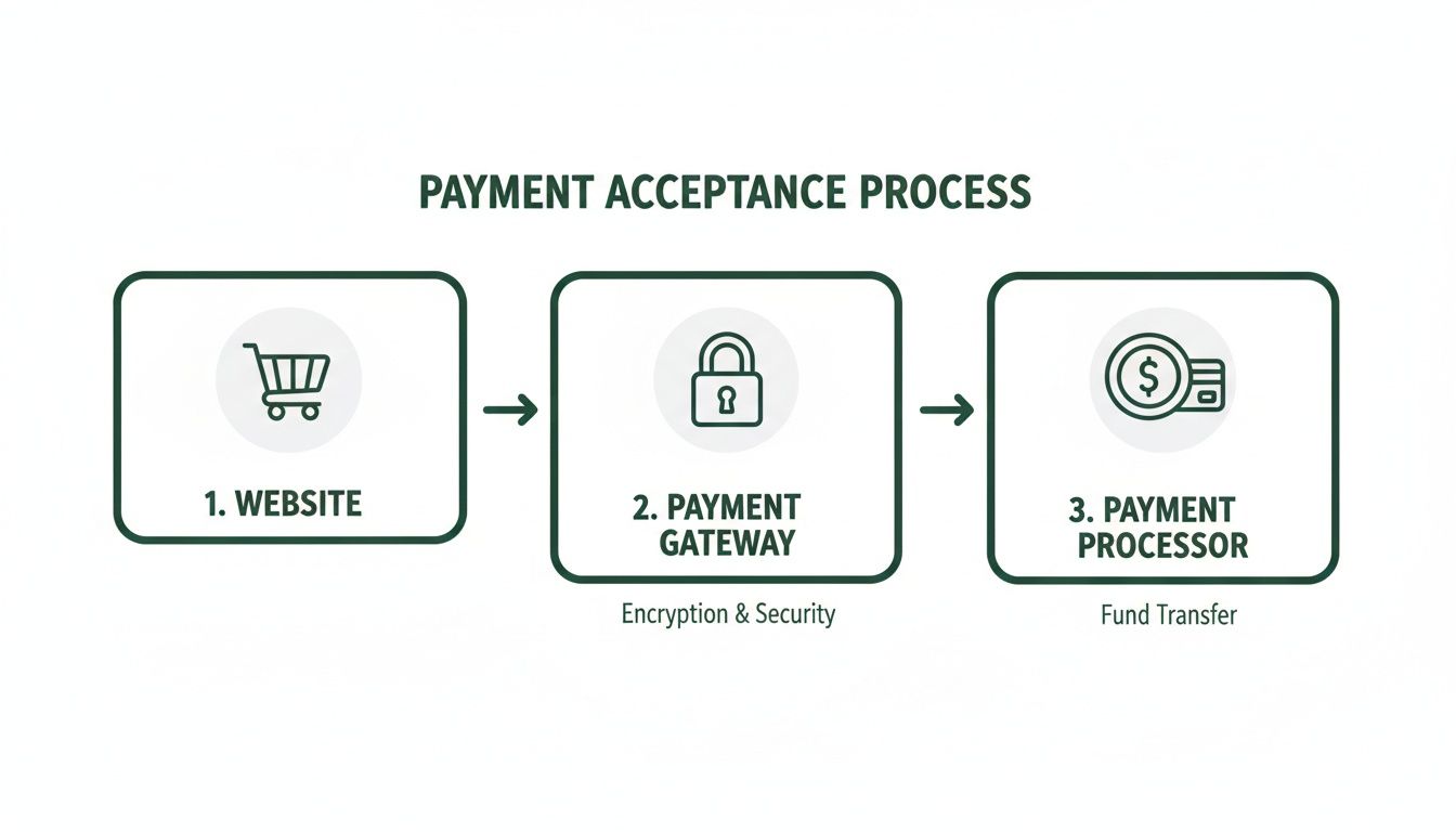 A diagram illustrating the three-step payment acceptance process: Website, Payment Gateway, and Payment Processor.