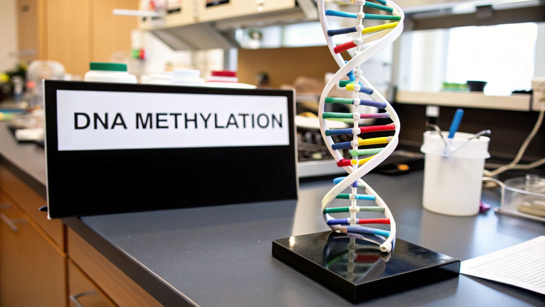 A stylised image of a DNA helix with glowing markers on it, representing epigenetic modifications.