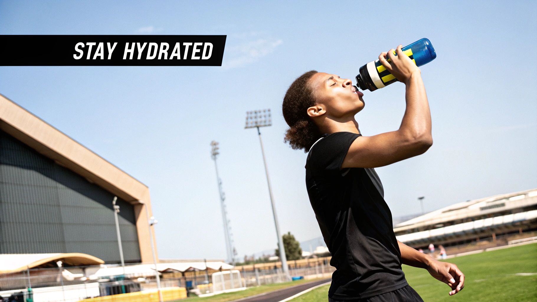 Bottles of sports supplements including protein powder and pills on a shelf.