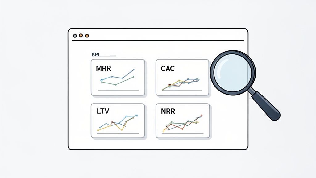 A web dashboard displays key performance indicators like MRR, CAC, LTV, and NRR with line graphs, under a magnifying glass.